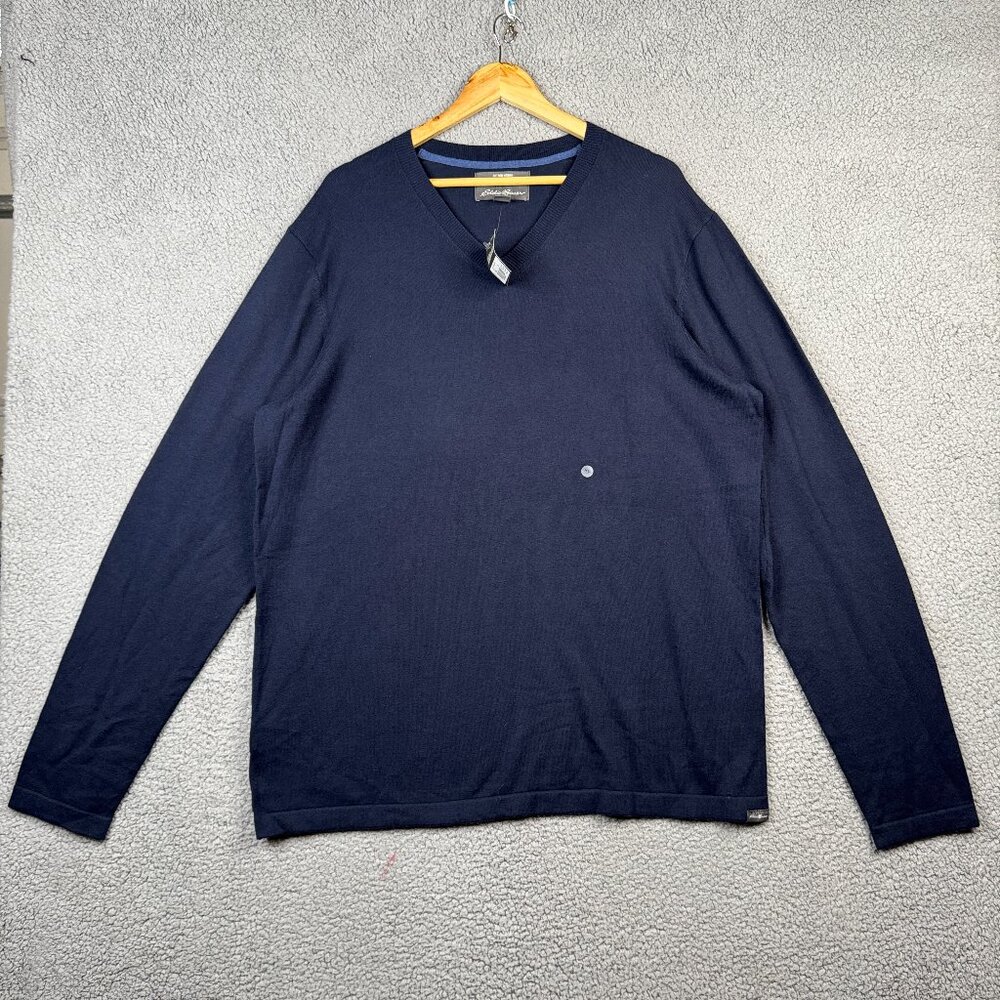 Eddie Bauer Sweater Mens XLT Navy V-Neck Merino Wool Cotton Blend Cable-Knit NWT